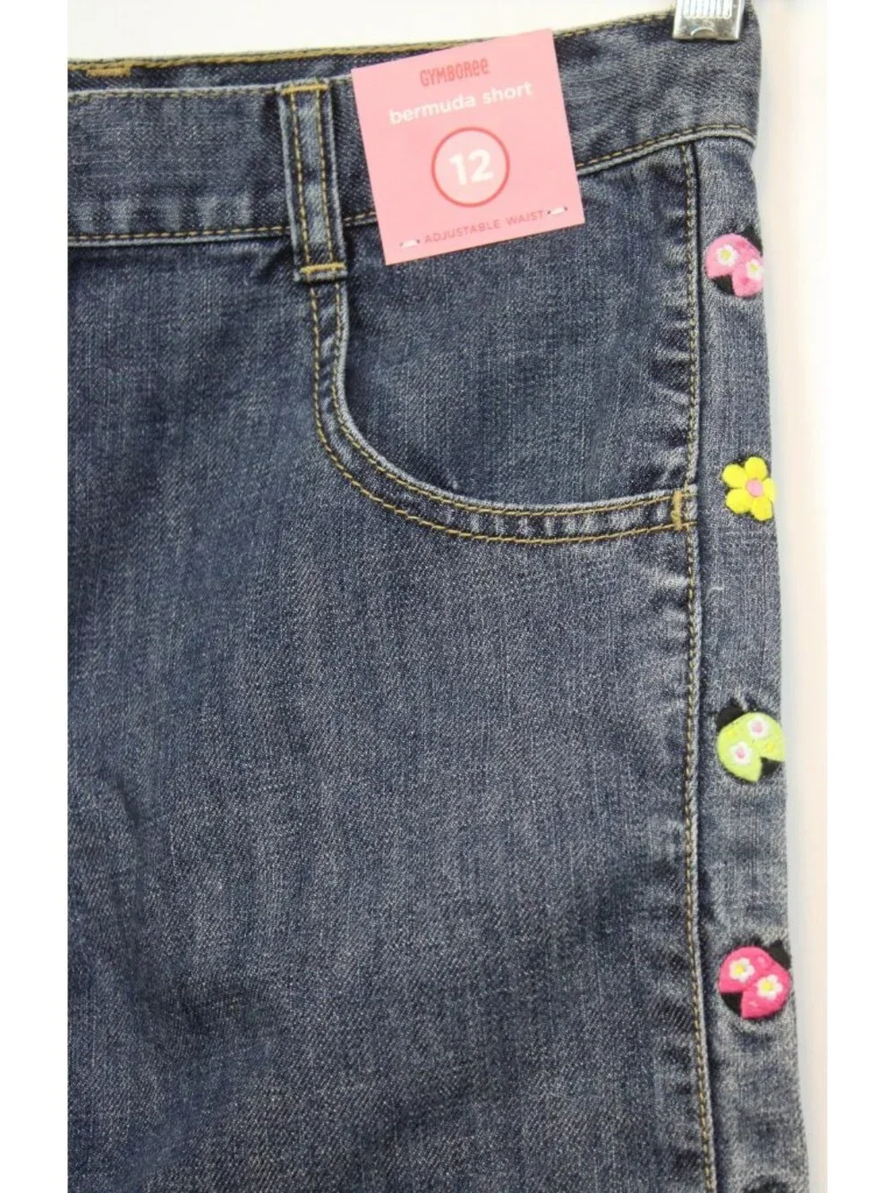 2009 Gymboree Pretty Lady Denim Bermuda Shorts sz 12 Embroidered Ladybugs Adjust